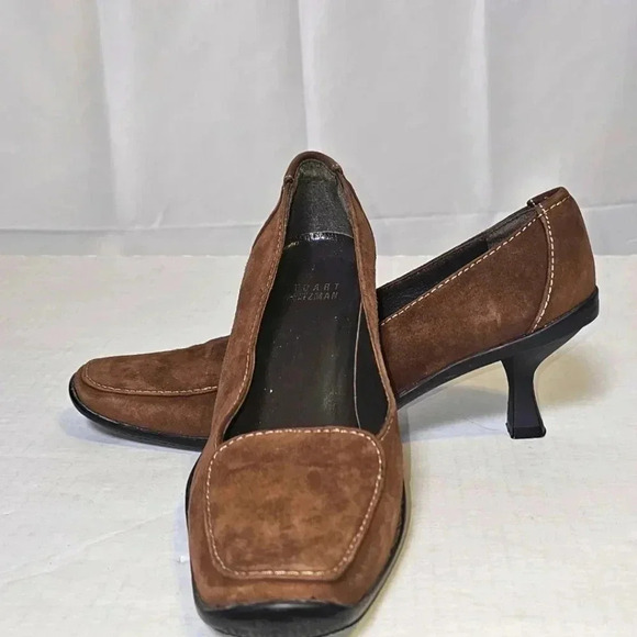 Stuart‎ Weitzman Brown Suede Square Toe Loafer Heels, Size 6 - Picture 1 of 11